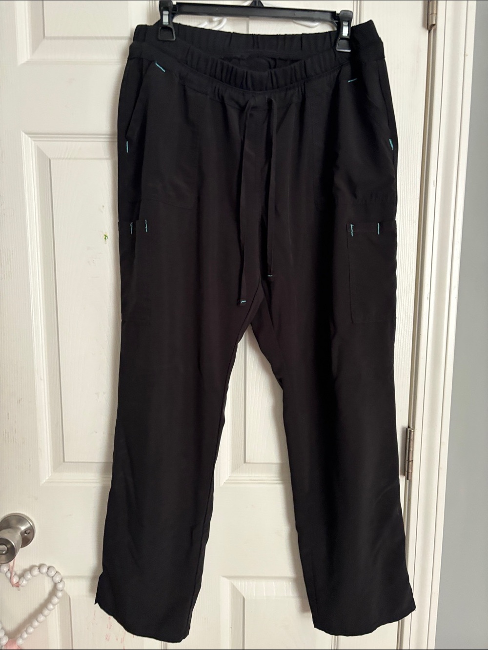Scrubstar Women's Black Drawstring Cargo Joggers with Teal Stitching
